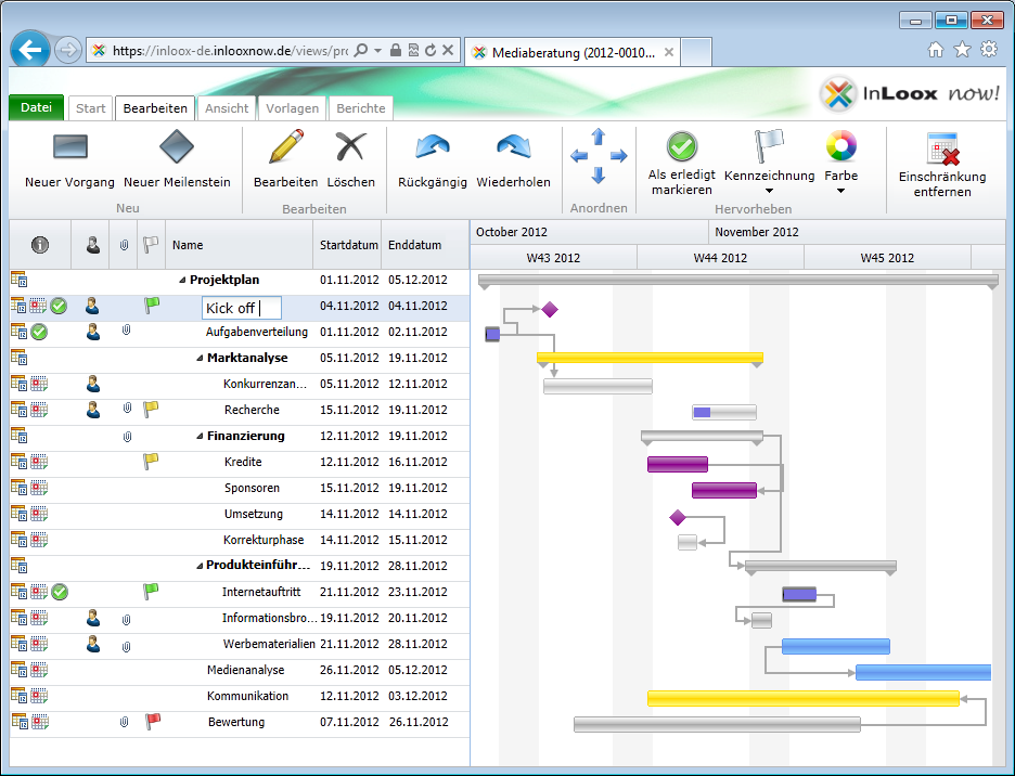 <b>Zeitplanung</b> – Vorgänge, Meilensteine und Ressourcen mit InLoox PM Web App online steuern.