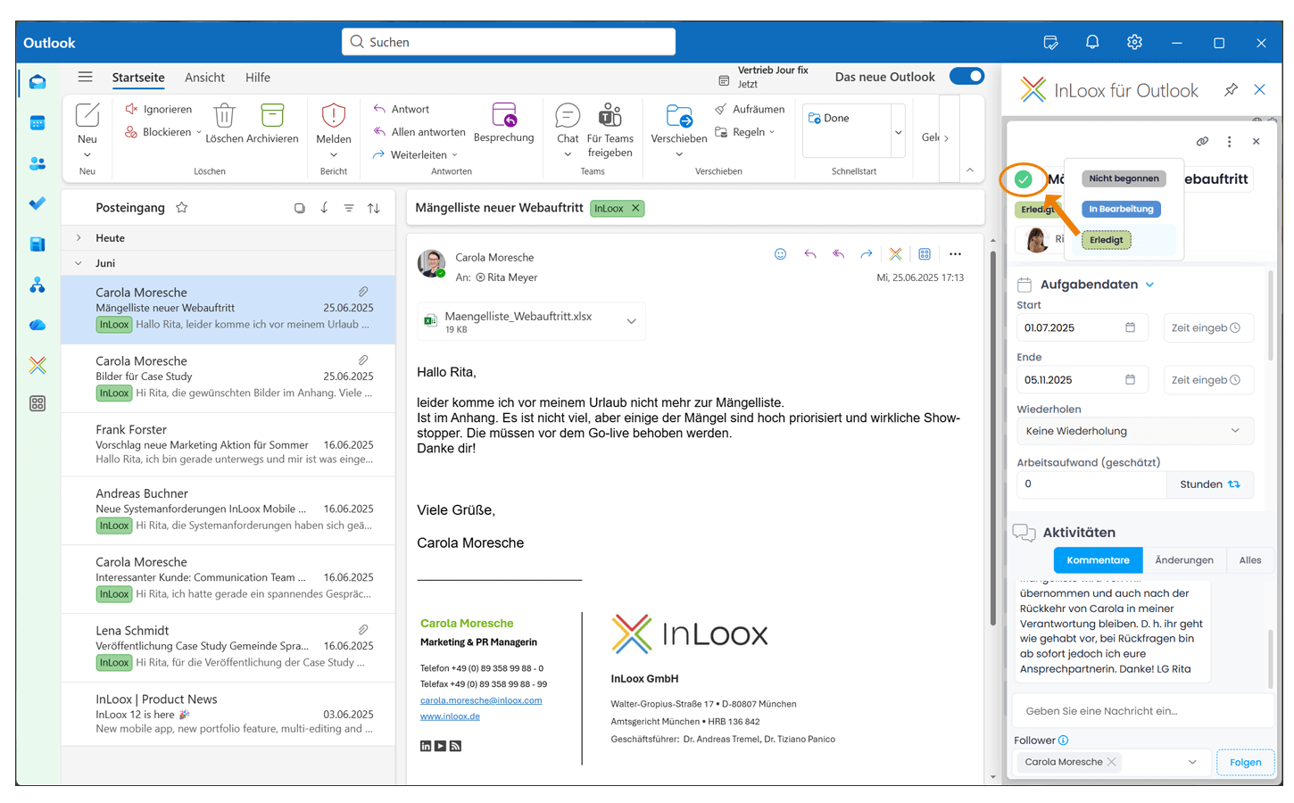 InLoox für Outlook: Aufgaben abhaken und als erledigt rückmelden (c) InLoox GmbH