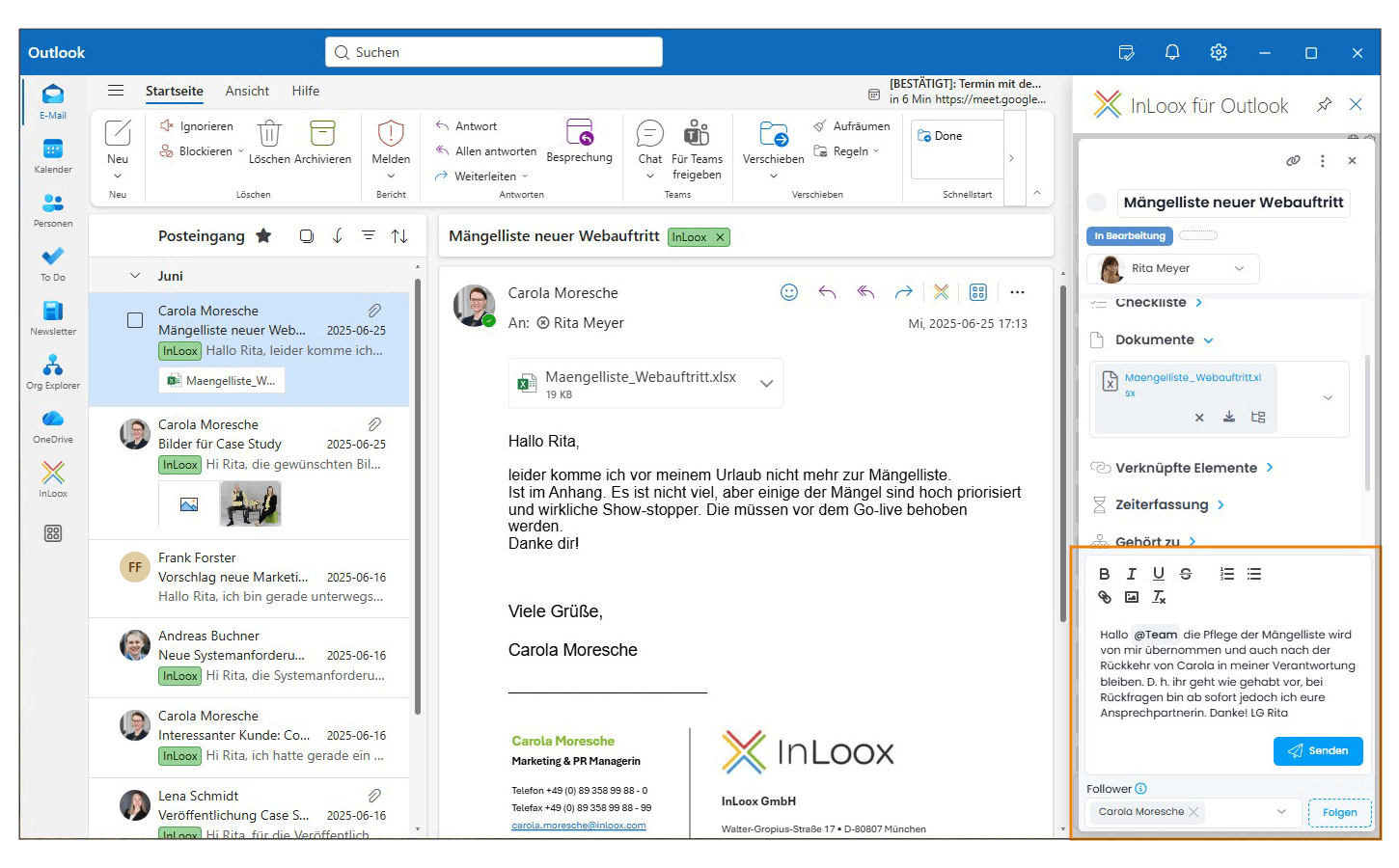InLoox für Outlook: Kommentare mit @-Funktion und Follower (c) InLoox GmbH