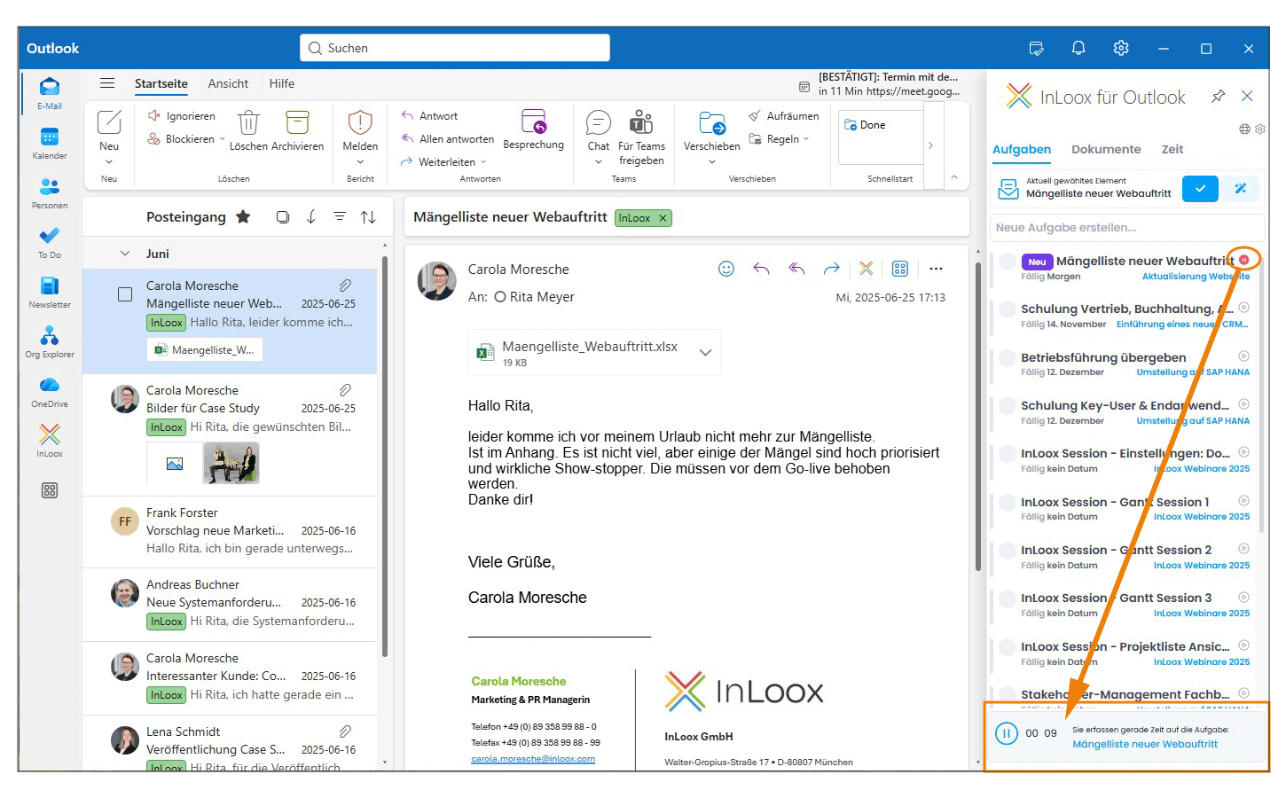 InLoox für Outlook: Stoppuhr für die Zeiterfassung in Outlook (c) InLoox GmbH