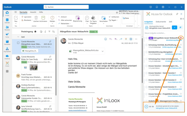 InLoox für Outlook: Stoppuhr für die Zeiterfassung in Outlook (c) InLoox GmbH