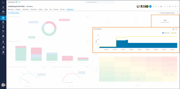 InLoox Dashboard Widgets verbleibender Aufwand in Stunden und Burndown Chart