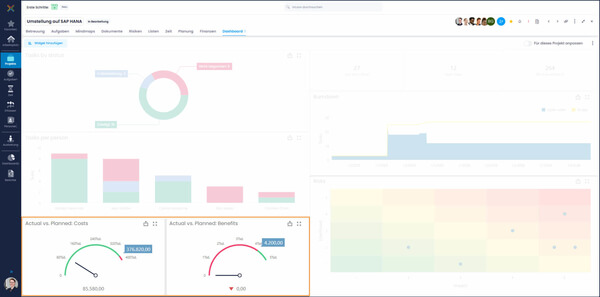 InLoox Dashboard Widgets tatsächliche/geplante Kosten und tatsächliche/geplante Einnahmen
