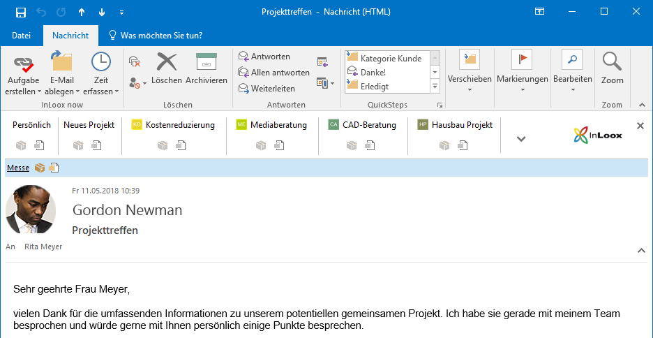 InLoox 10: Mit der Ein-Klick-Leiste können Sie, wie der Name schon sagt, mit nur einem Klick eine E-Mail als Aufgabe oder Dokument im Projekt ablegen. 
