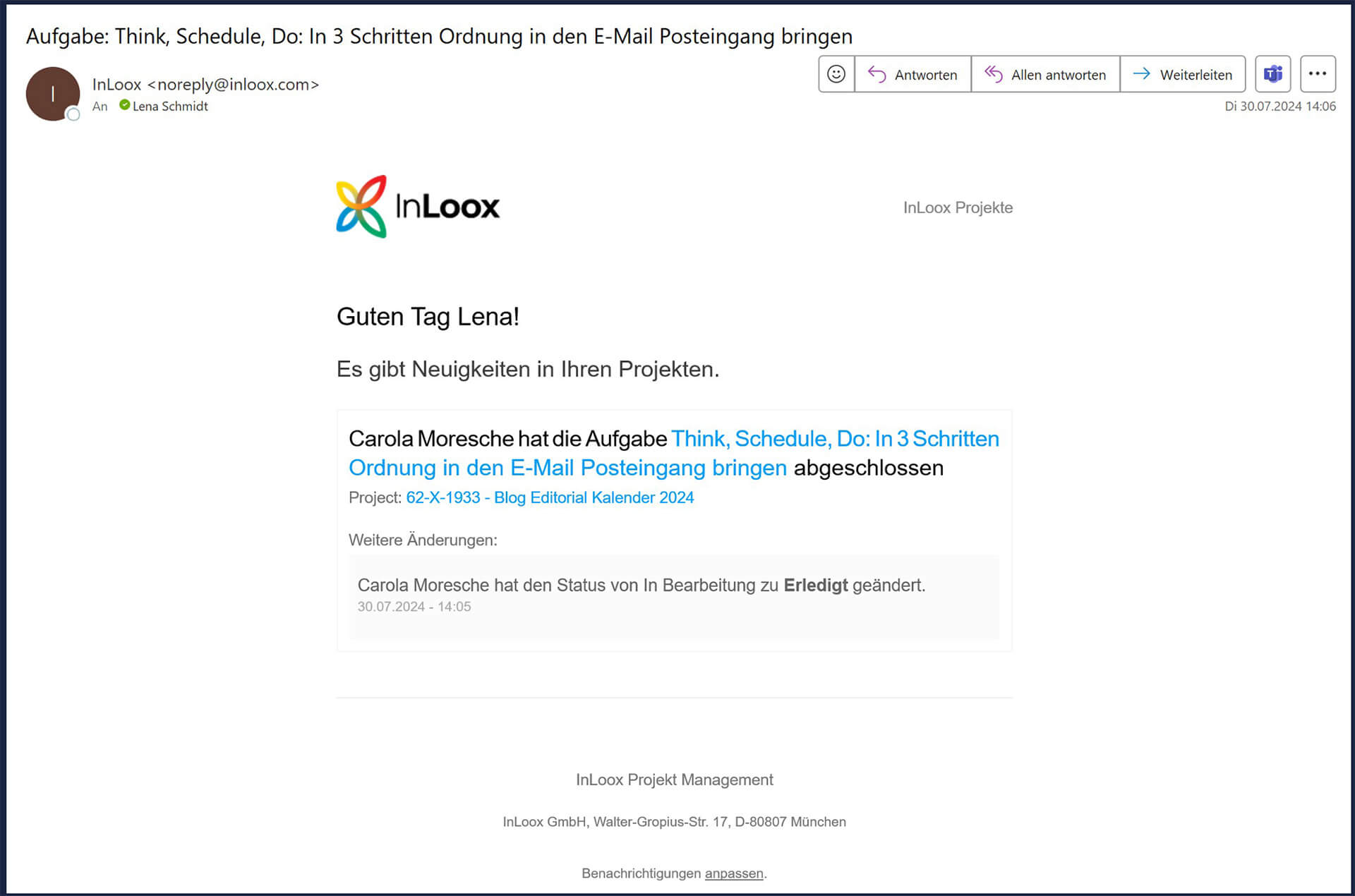 InLoox E-Mail-Benachrichtigung zu erledigter Aufgabe