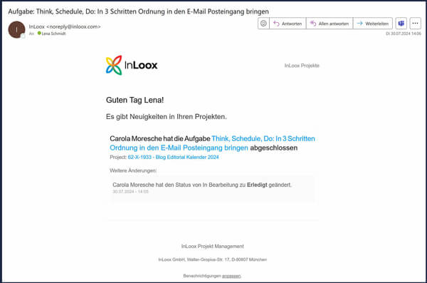 InLoox E-Mail-Benachrichtigung zu erledigter Aufgabe 