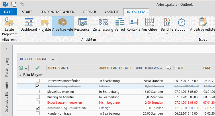 InLoox PM 8.2.3 Arbeitspaket in der Zeile bearbeiten