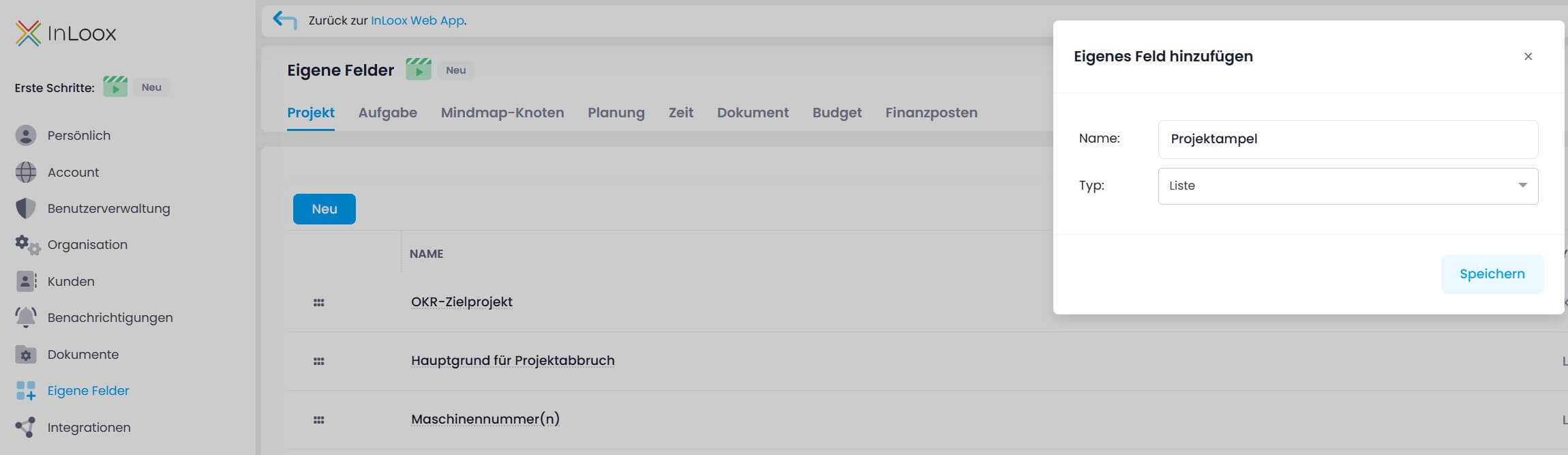 Ein eigenes Feld für die Projektampel anlegen - Schritt 1