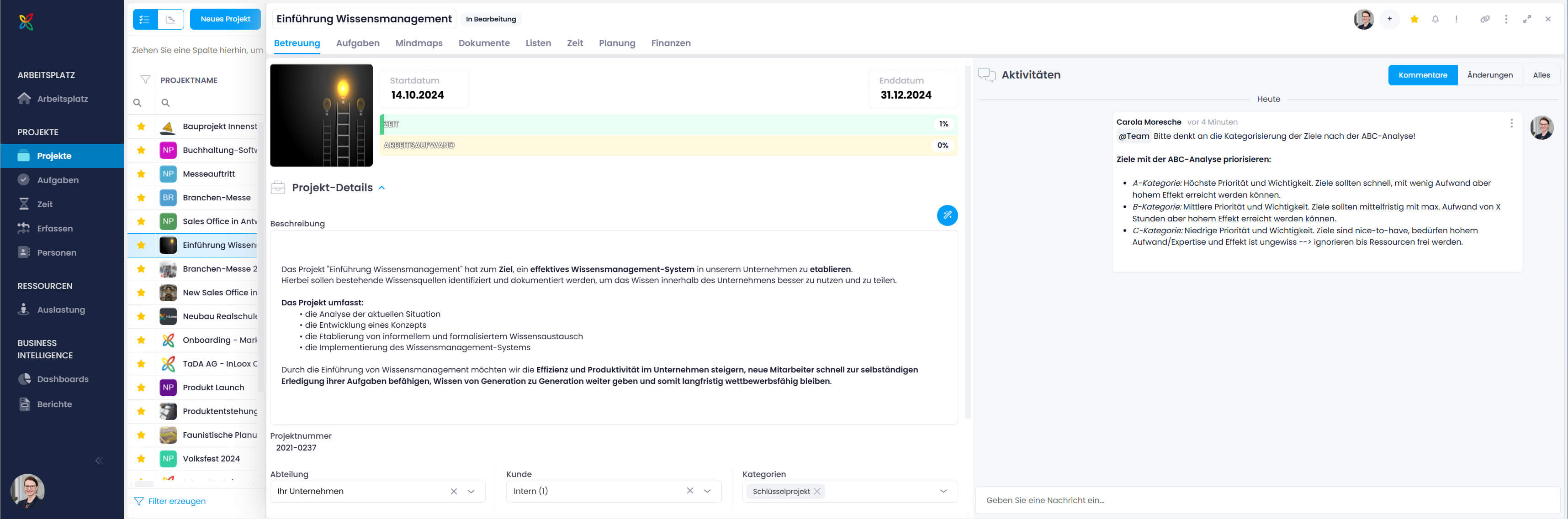 InLoox für Wissensmanagement: Projektkommentare mit Infos für Projektteam