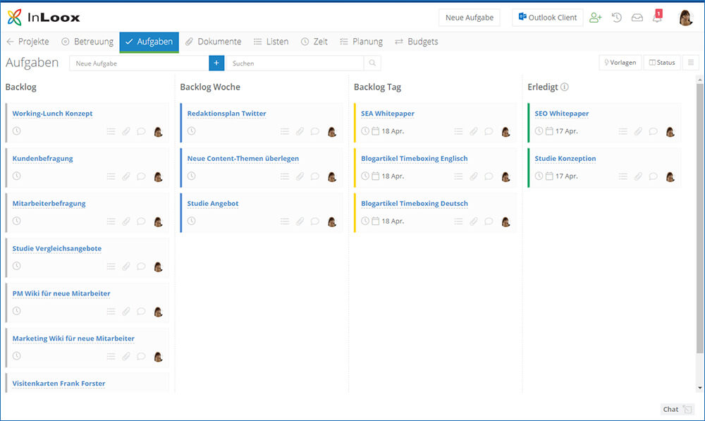 Organisation des Backlog Projektes erfolgt über das Kanban Board (hier InLoox Web App)