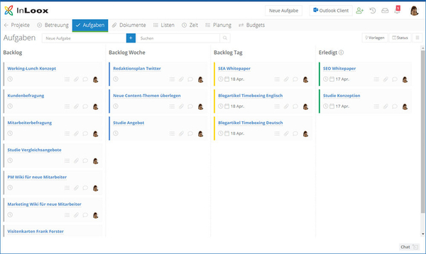Organisation des Backlog Projektes erfolgt über das Kanban Board (hier InLoox Web App)