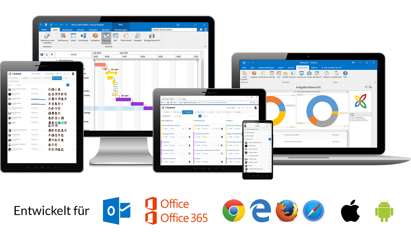 InLoox wurde entwickelt für Microsoft Office, Office 365, Outlook, Web-Browser und iOS & Android