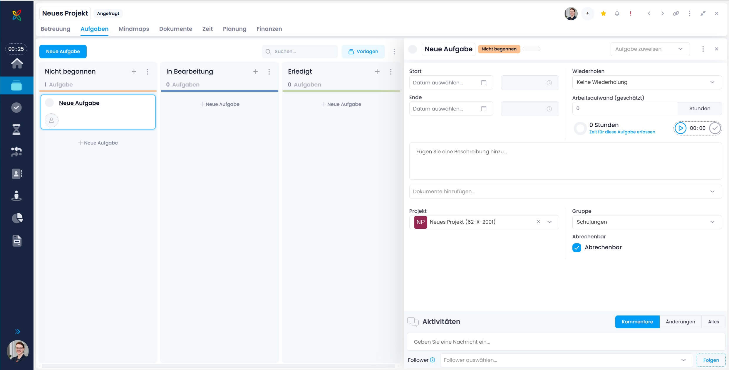 Kanban-Board mit neuer Aufgabe in InLoox Web App