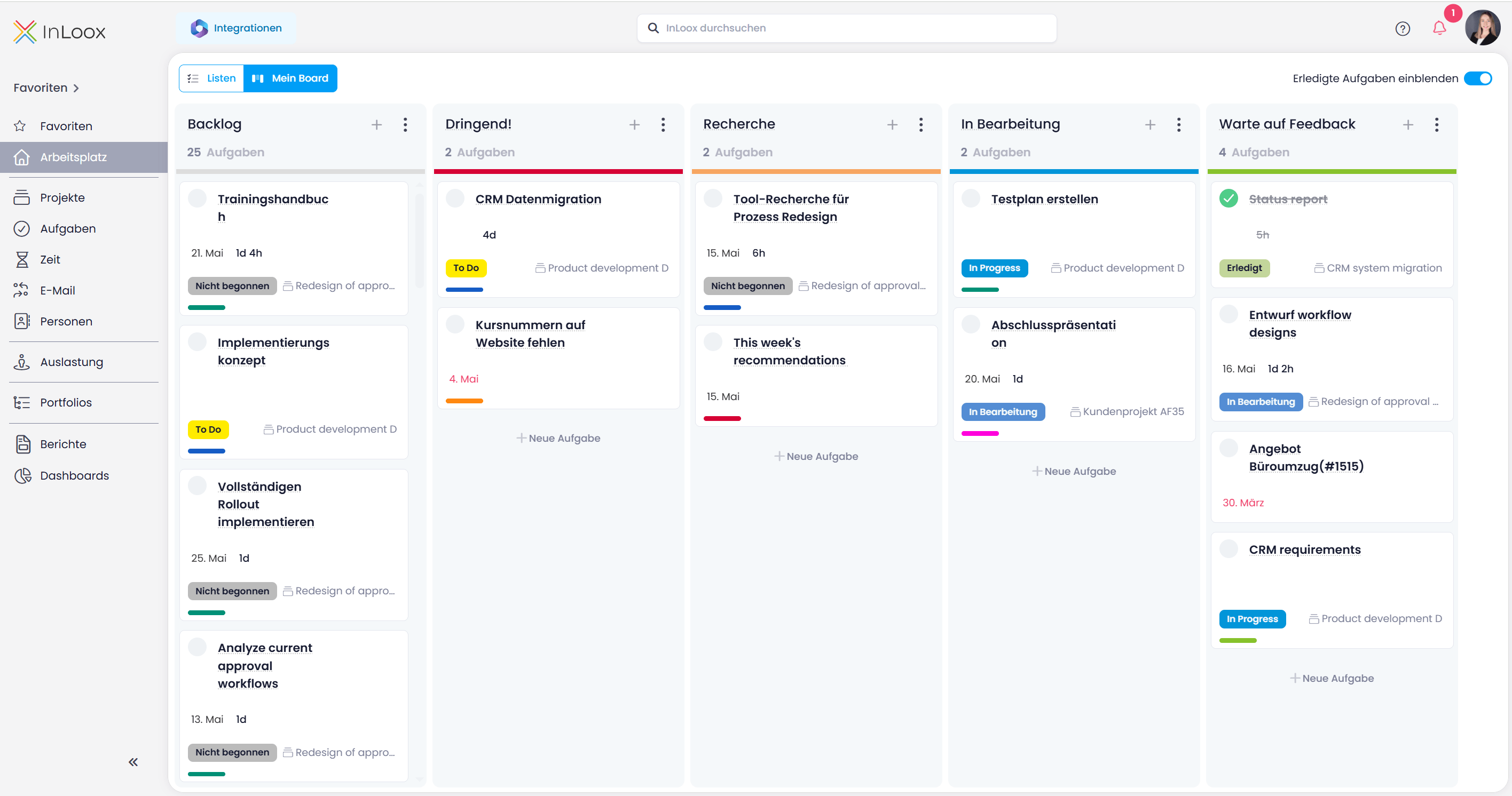 Mein Board für die persönliche Organisation und Priorisierung von Projektaufgaben im InLoox Arbeitsplatz. © InLoox GmbH