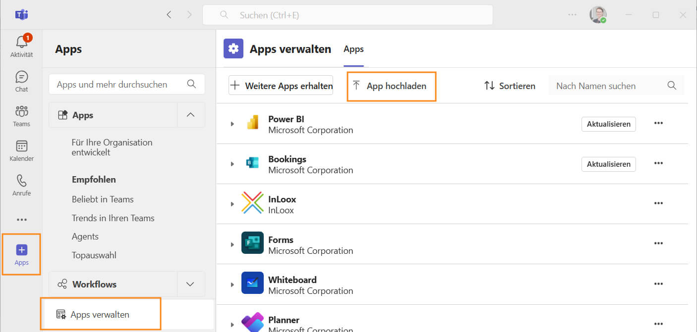 Microsoft Teams - Apps verwalten und hochladen