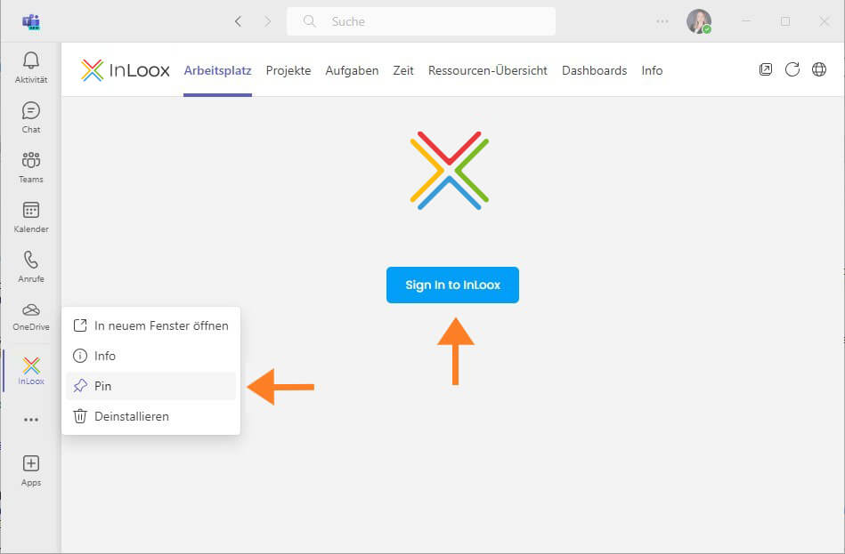 InLoox App in Leiste anpinnen & Einloggen