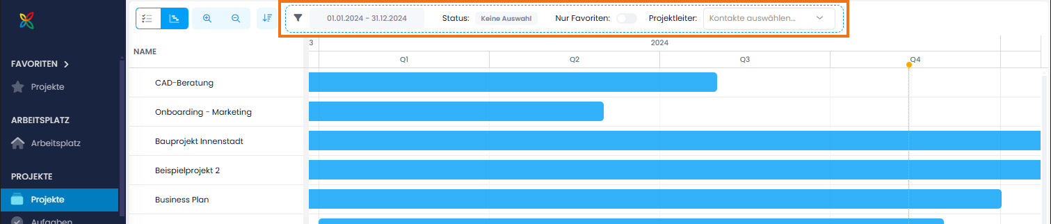 InLoox - Filtermöglichkeiten der Multi-Projekt-Zeitleiste
