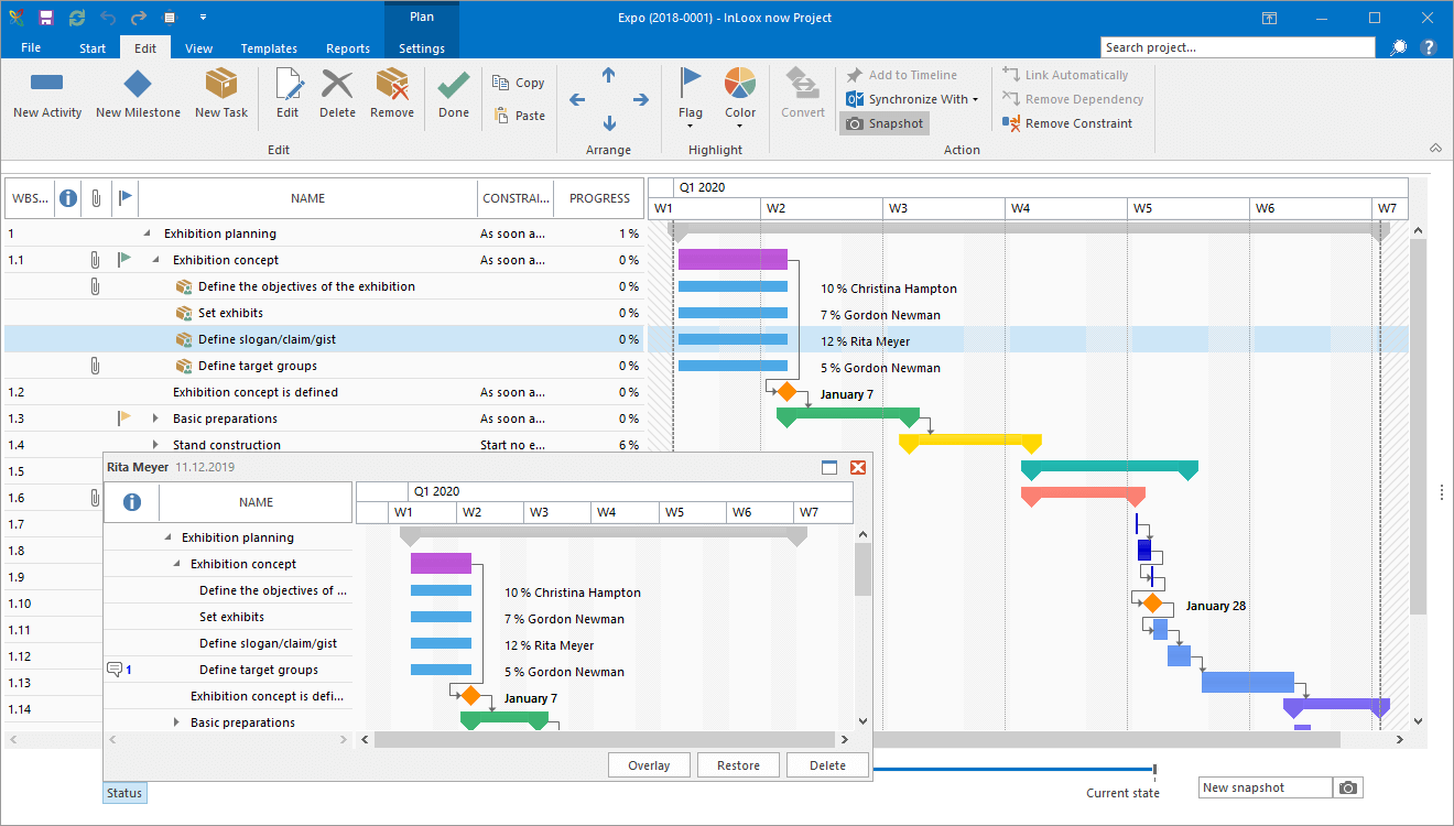 InLoox feature: Project snapshot - Create a project snapshot to compare the project plans current status with a previous status or use the feature as a backup for your project in case you want to undo unwanted changes.