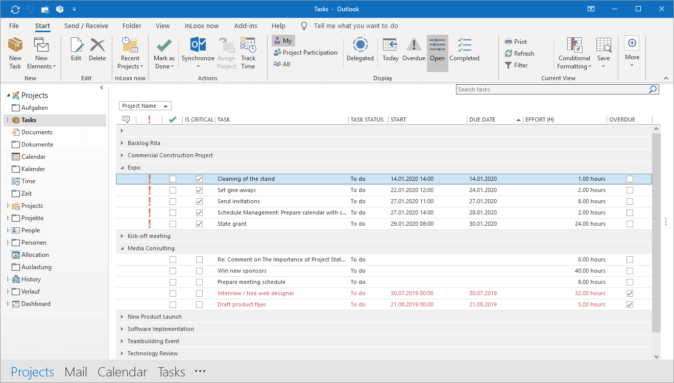 InLoox feature: Task management - Keep track of tasks across project in the global task list view