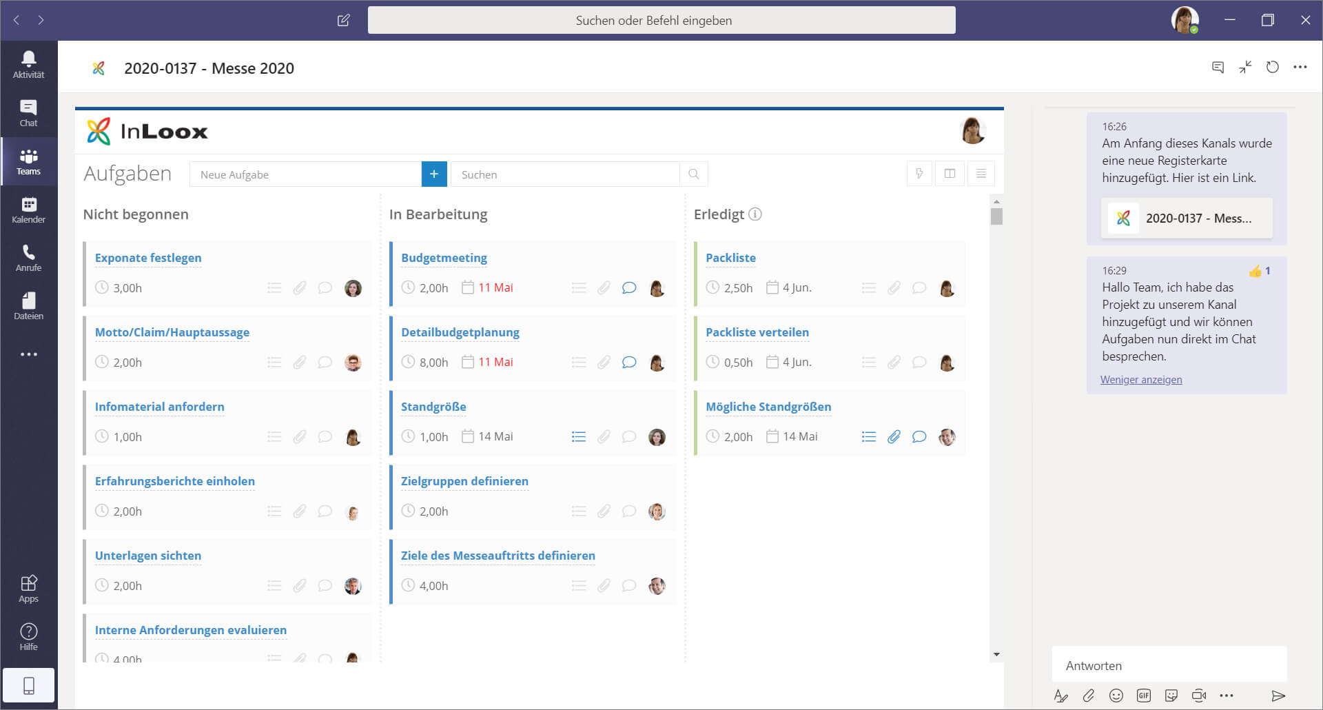 InLoox Kanban-Ansicht mit Chat in Microsoft Teams