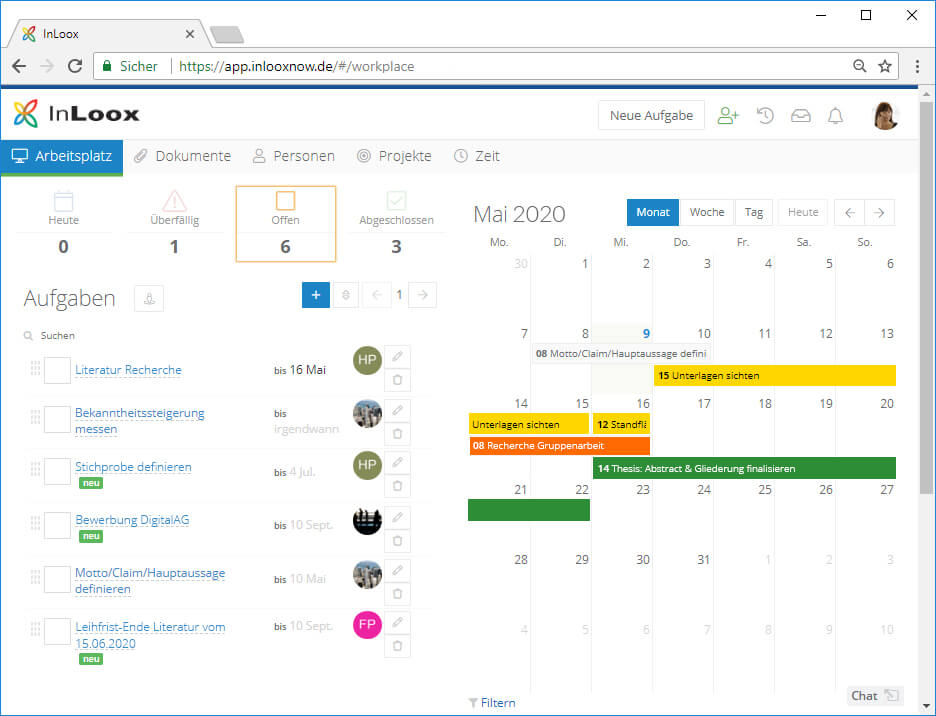 Abb. 1 Uni-Projekte mit InLoox now! Web App organisieren