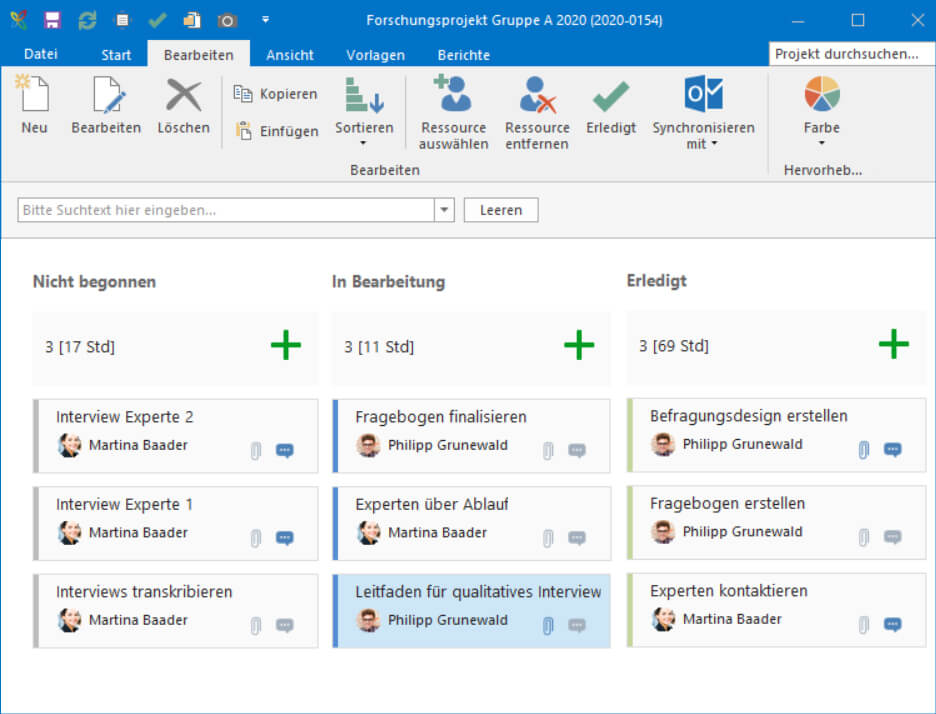 Abb. 3 Aufgaben koordinieren im Kanban-Board mit InLoox für Outlook