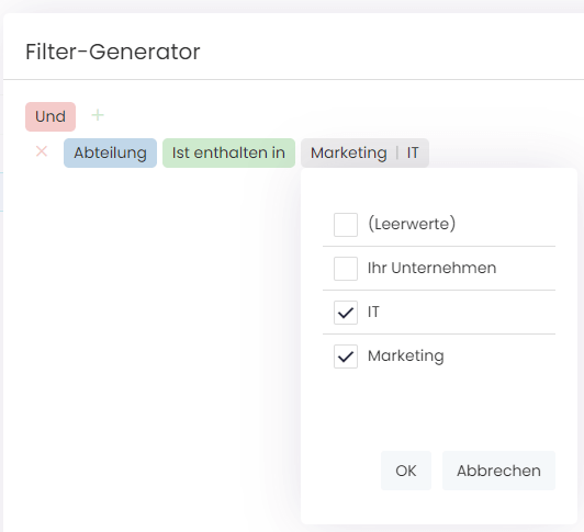 Anwendung des Listenfilters "Ist enthalten in"