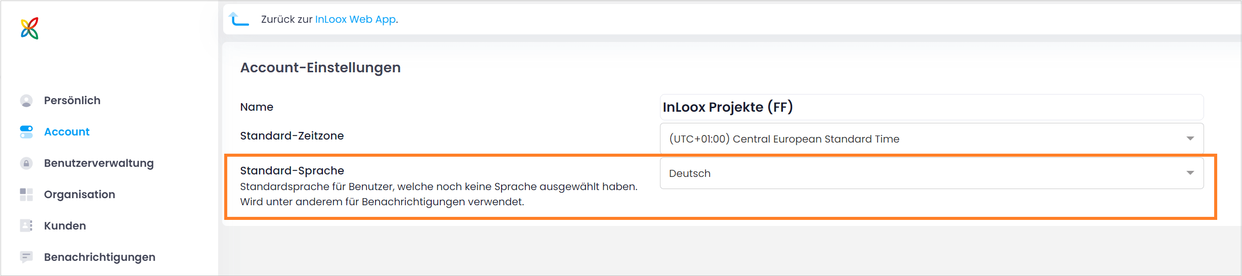 InLoox Einstellungen: Standard-Sprache für Account auswählen