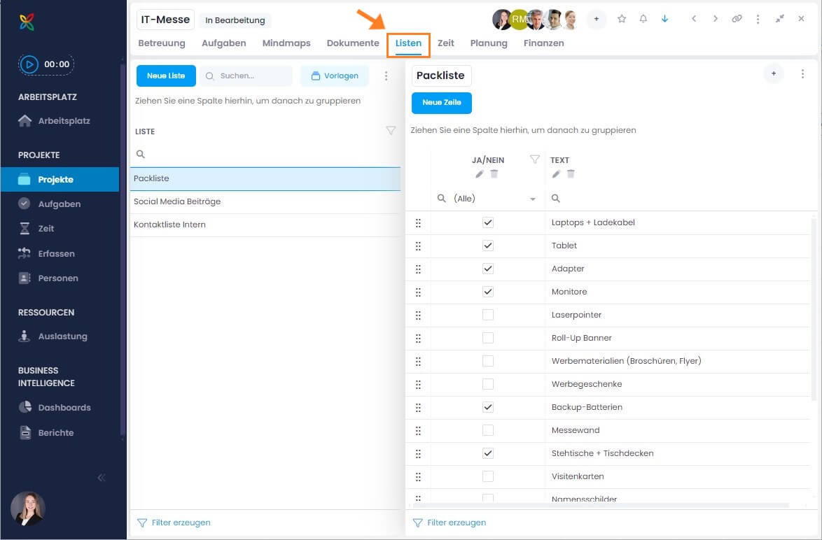Listen-Funktion in InLoox Web App