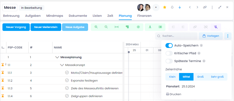 Gantt-Planung - Grüne Buttons für visuelle Änderungen & lila Buttons für tatsächliche Änderungen