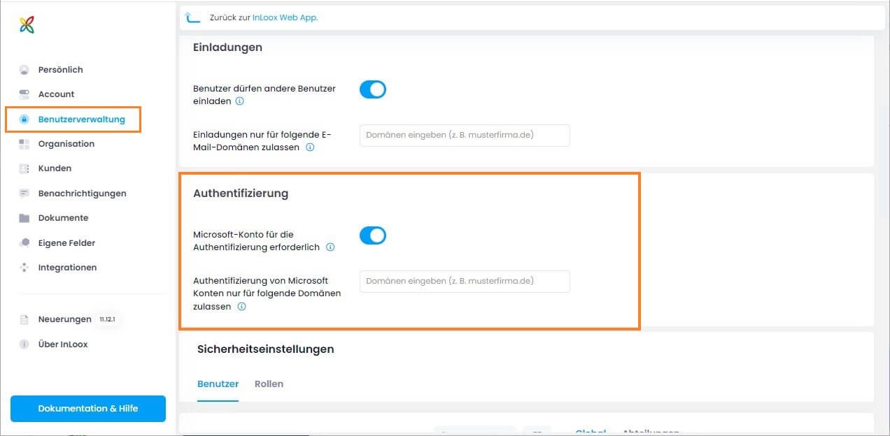 InLoox Einstellungen - Möglichkeit zur verpflichtenden MS365 Authentifizierung