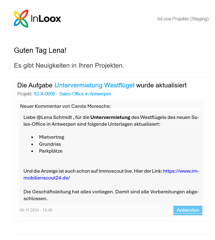 Benachrichtigung zu Aufgabenkommentar