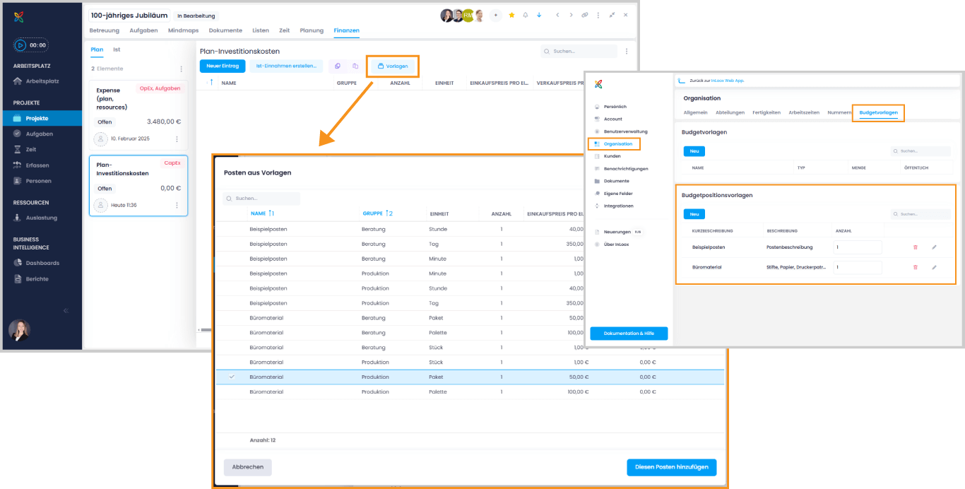 Budgetpositionsvorlagen in InLoox
