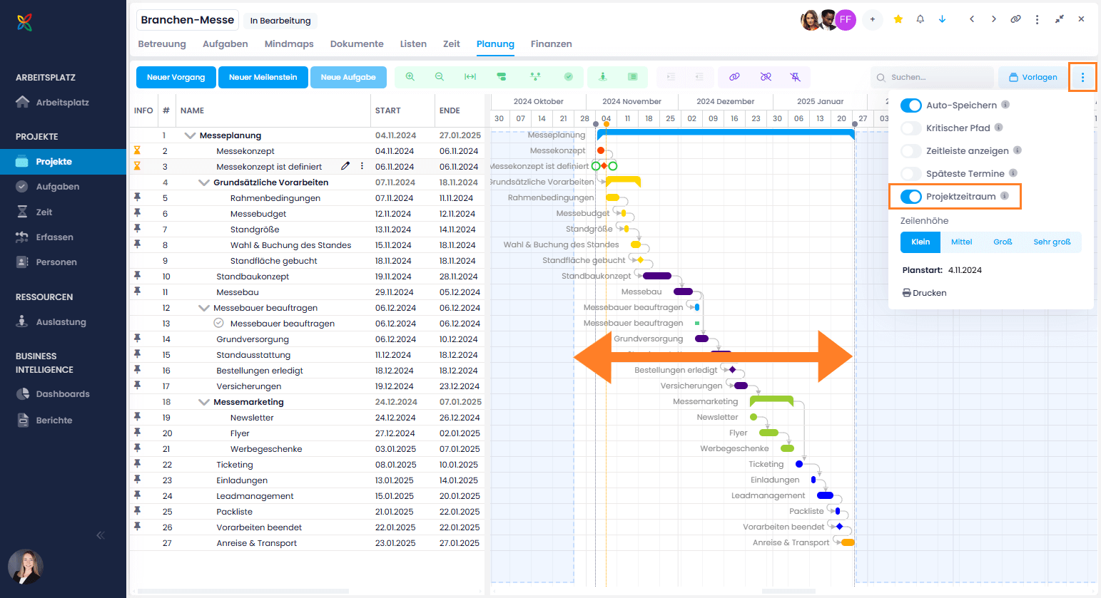 Projektzeitraum in Gantt-Planung