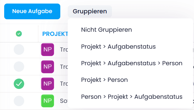 Standard-Gruppierungen in der Aufgabenliste