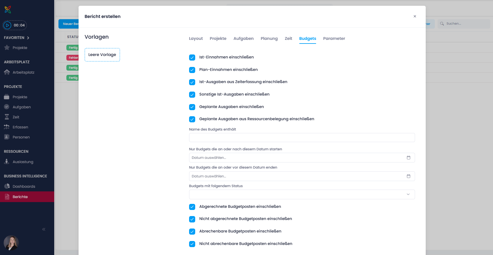 Berichte: Filteroptionen Budgets
