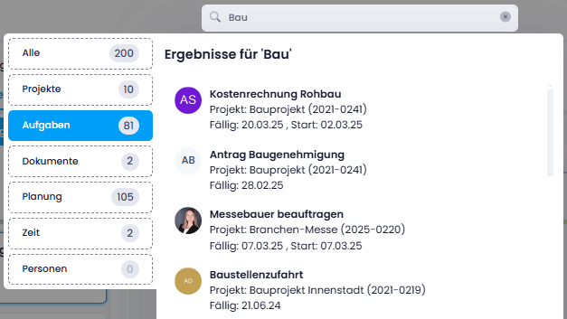 Globale Suche: Start- und Fälligkeitsdatum bei Aufgaben