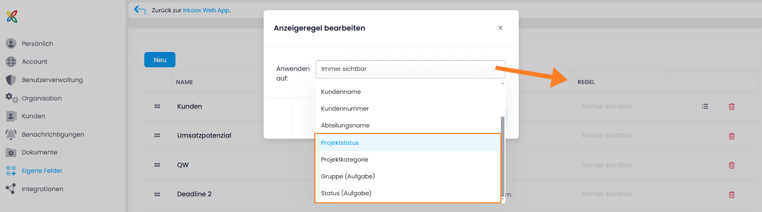 Neue Anzeigeregeln für Eigene Felder