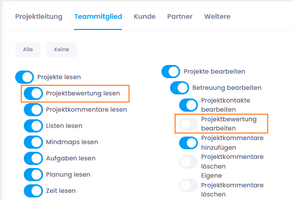 Berechtigungen zum Lesen & Bearbeiten der Projektbewertung