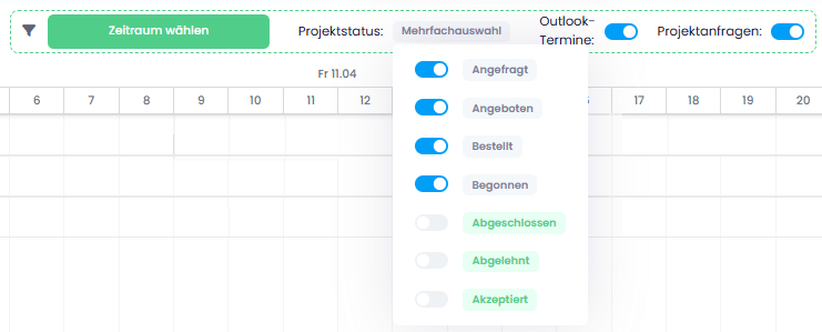 Verschiedene Filter in der Auslastung
