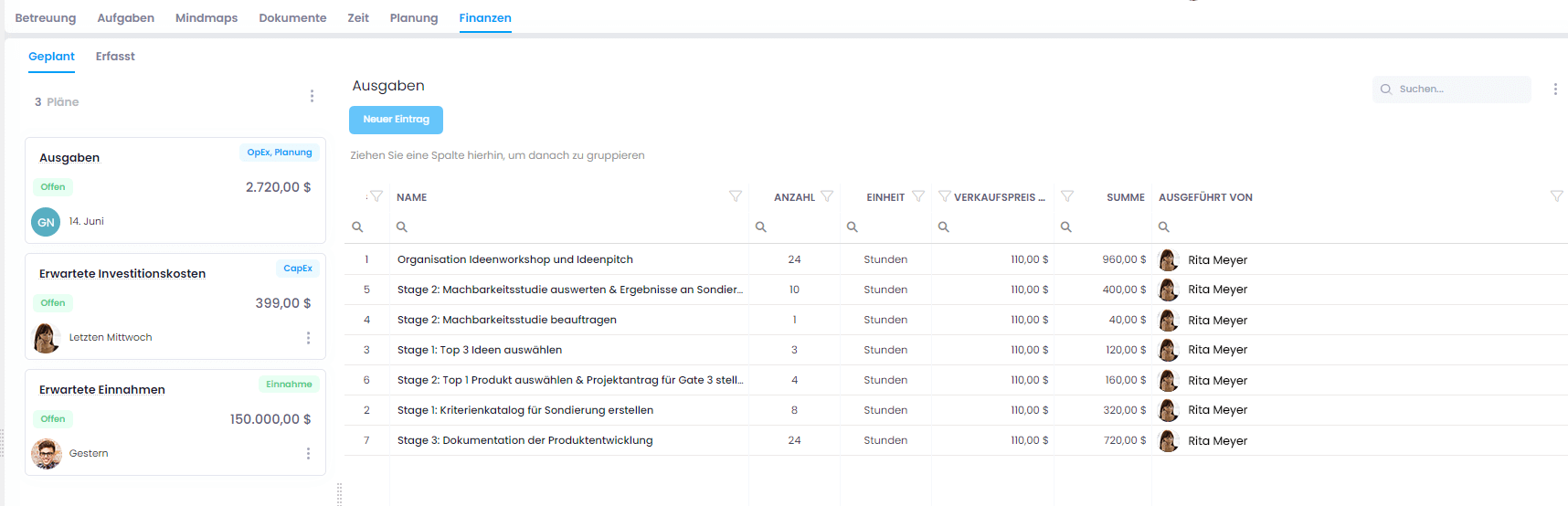 Finanzen in InLoox Web App