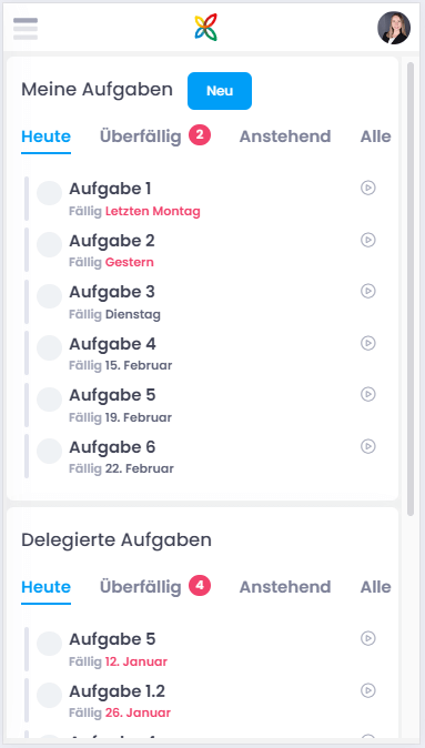 Der InLoox Arbeitsplatz mit seinen Aufgaben in der mobilen Ansicht