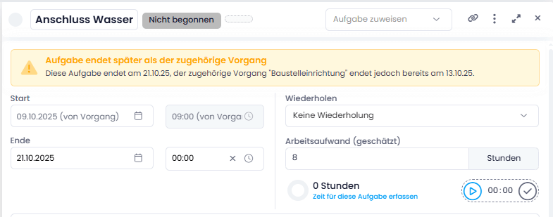 Warnung bei Aufgaben außerhalb des Vorgangs
