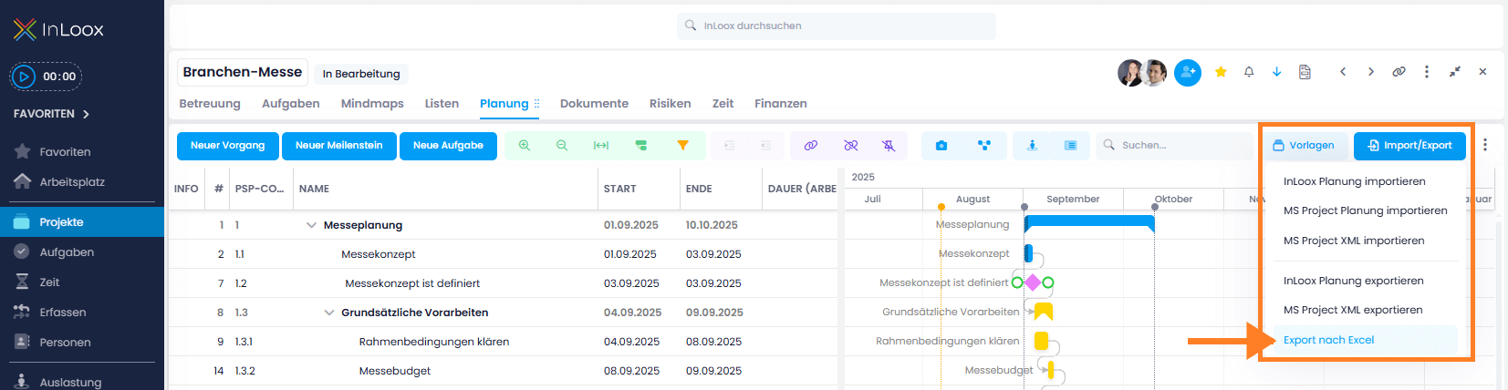 Export der Gantt-Planung nach Excel