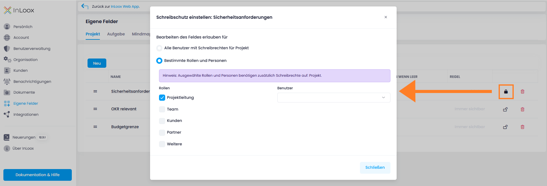 Schreibschutz für Eigene Felder definieren