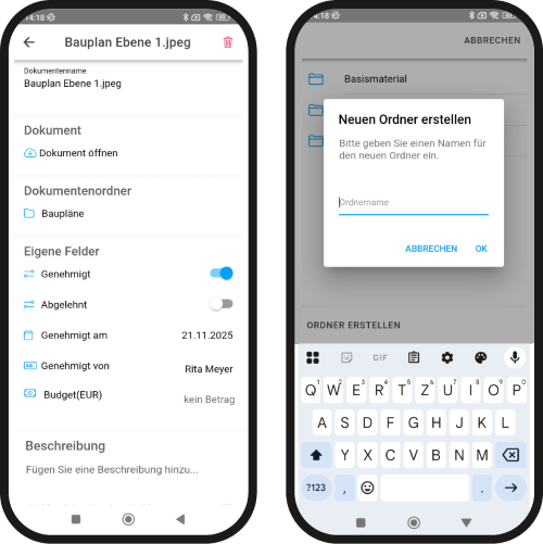 Mobile App: Dokumenten-Detailansicht inkl. Eigener Felder und Ordner erstellen