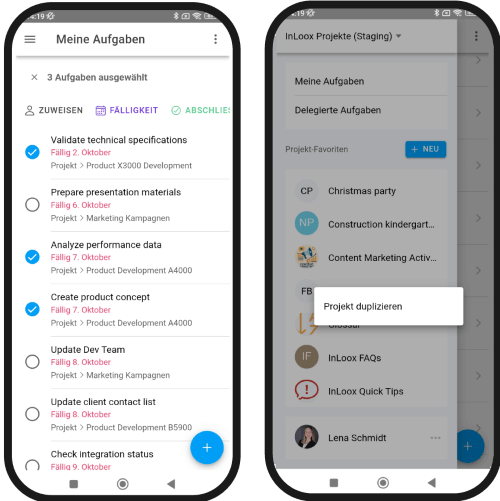 Mobile App: Multiselekt von Aufgaben und Projekt duplizieren