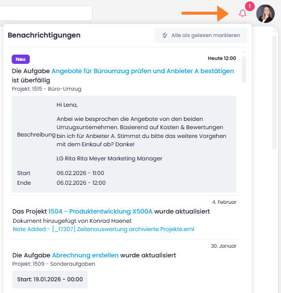 Benachrichtigungs-Center: Immer informiert über Änderungen in Projekt, Aufgaben & Co.