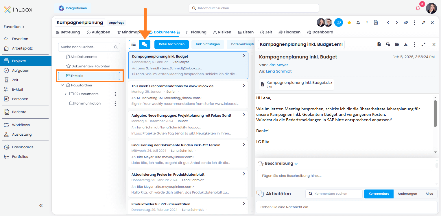 Abgelegte E-Mails im Projekt ansehen