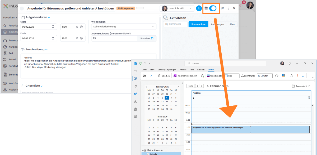 InLoox Aufgabe in Outlook Kalender spiegeln und synchronisieren